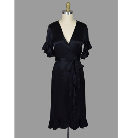 NIGHTCAP CLOTHING 100% SILK RUFFLE WRAP BLACK DRESS - Picture 1 of 10